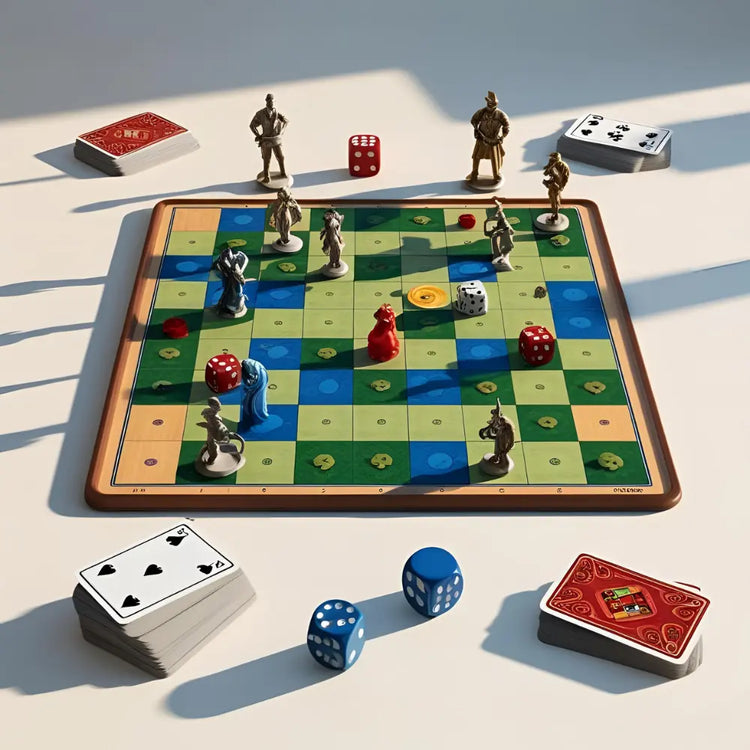 Colorful board game pieces, cards and dice set up for play