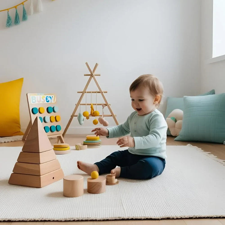 Toddler playing with stacking rings and busy board