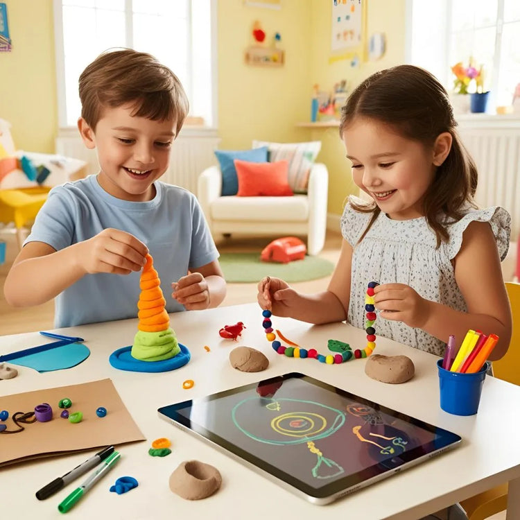Preschooler creating arts & crafts at table