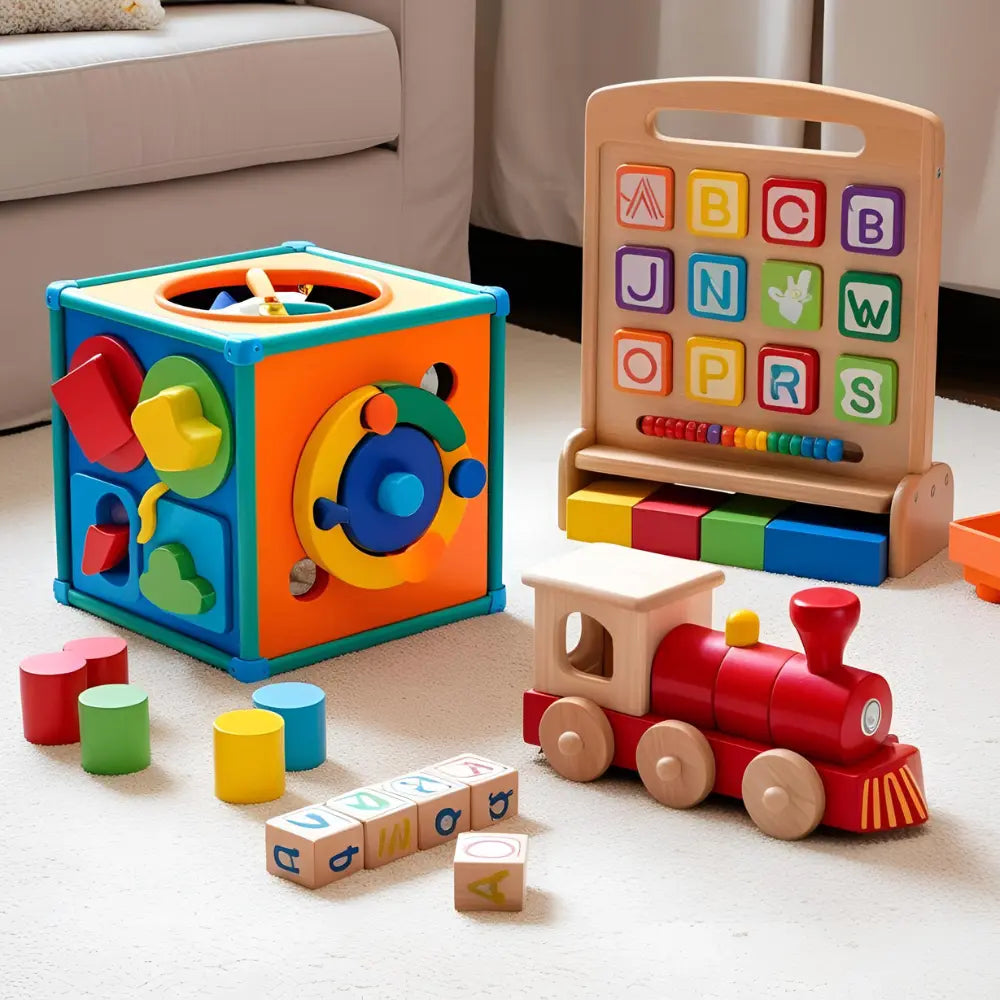 Wooden Montessori toys with soft textures and pastel colors