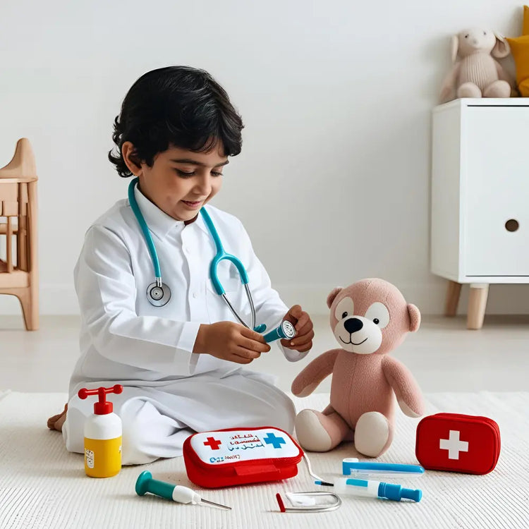 Pretend play toys — doctor set and beauty accessories on desk