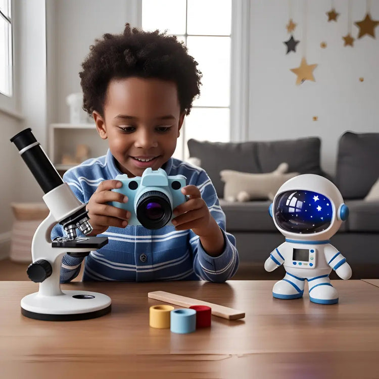 Digital camera, projector, and microscope for kids on table