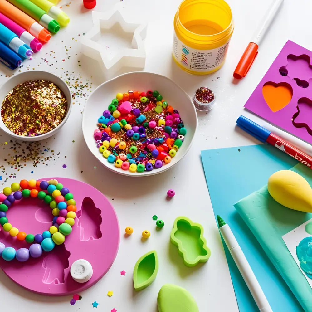 Kids’ craft set with markers, paper, and scissors on table