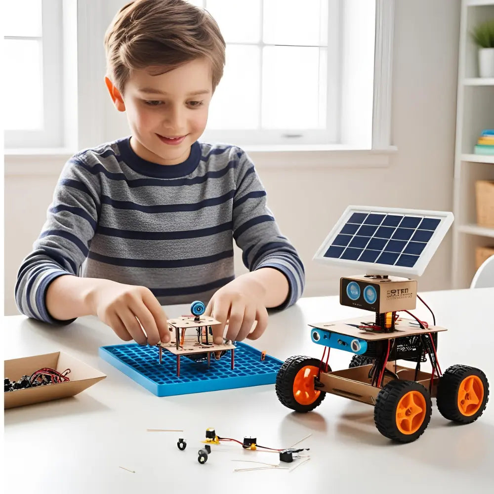 Child-friendly STEM kit with microscope, gears, and experiment tools